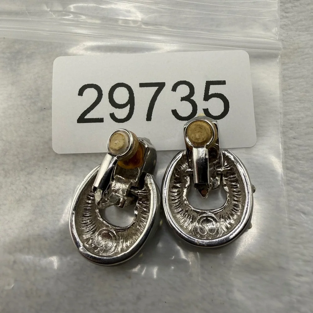 Vintage St John Earrings Grey Cream Studded Enamel Door Knocker Clip On